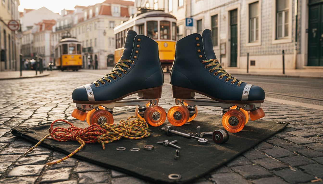 Patins de rodas com eixos, travões e rolamentos preparados para afinação